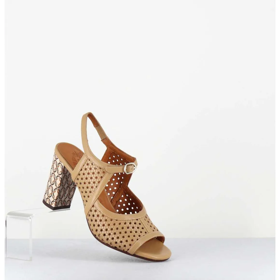 Sandales A Talon En Cuir Cannele & Imprime Vintage - Beila Softy Bambu