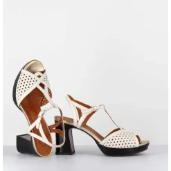 Sandales A Talon En Cuir Ajoure Creme & Vernis Noir- - Kegy Softy Leche