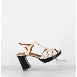 Sandales A Talon En Cuir Ajoure Creme & Vernis Noir- - Kegy Softy Leche