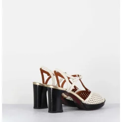 Sandales A Talon En Cuir Ajoure Creme & Vernis Noir- - Kegy Softy Leche