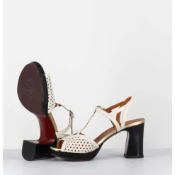 Sandales A Talon En Cuir Ajoure Creme & Vernis Noir- - Kegy Softy Leche