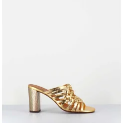 Sandales A Talon En Cuir Tresse Dore - Beijing Citroen Gold
