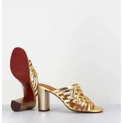 Sandales A Talon En Cuir Tresse Dore - Beijing Citroen Gold