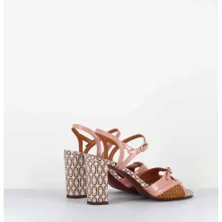 Sandales A Talon En Cuir Imprime Vintage Camel & Rose - Bindi Ferrari Pink