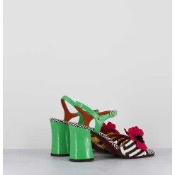 Sandales A Talon Fleur Fuchsia Motif Psyche Talon Vert - Piruca44 Metal Sun Disco