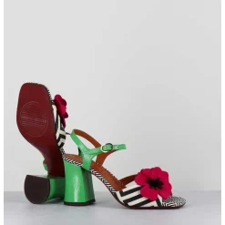 Sandales A Talon Fleur Fuchsia Motif Psyche Talon Vert - Piruca44 Metal Sun Disco