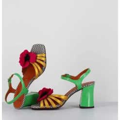 Sandales A Talon Fleur Fuchsia Motif Psyche Talon Vert - Piruca44 Metal Sun Disco