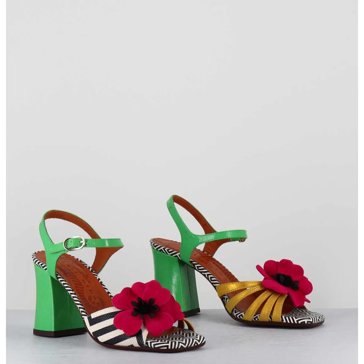 Sandales A Talon Fleur Fuchsia Motif Psyche Talon Vert - Piruca44 Metal Sun Disco