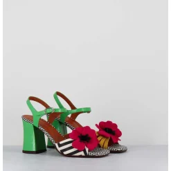 Sandales A Talon Fleur Fuchsia Motif Psyche Talon Vert - Piruca44 Metal Sun Disco