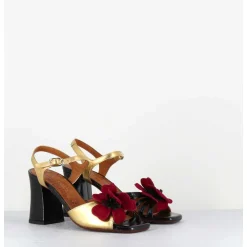 Sandales A Talon Fleur Rouge Cuir Dore & Noir - Piruca44 Ferrari Negro
