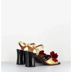 Sandales A Talon Fleur Rouge Cuir Dore & Noir - Piruca44 Ferrari Negro