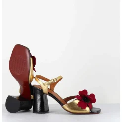 Sandales A Talon Fleur Rouge Cuir Dore & Noir - Piruca44 Ferrari Negro
