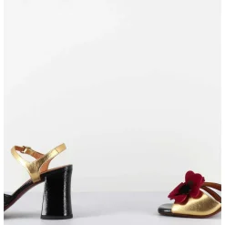 Sandales A Talon Fleur Rouge Cuir Dore & Noir - Piruca44 Ferrari Negro