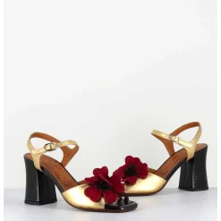 Sandales A Talon Fleur Rouge Cuir Dore & Noir - Piruca44 Ferrari Negro