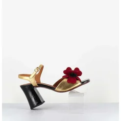 Sandales A Talon Fleur Rouge Cuir Dore & Noir - Piruca44 Ferrari Negro