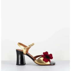 Sandales A Talon Fleur Rouge Cuir Dore & Noir - Piruca44 Ferrari Negro