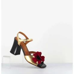 Sandales A Talon Fleur Rouge Cuir Dore & Noir - Piruca44 Ferrari Negro