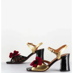 Sandales A Talon Fleur Rouge Cuir Dore & Noir - Piruca44 Ferrari Negro