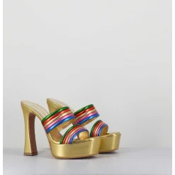 Sandales A Talon Haut & Plateforme En Cuir Metallise Dore - Dora Laminato Rainbow