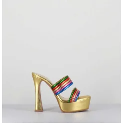 Sandales A Talon Haut & Plateforme En Cuir Metallise Dore - Dora Laminato Rainbow