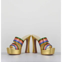 Sandales A Talon Haut & Plateforme En Cuir Metallise Dore - Dora Laminato Rainbow