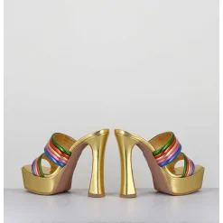 Sandales A Talon Haut & Plateforme En Cuir Metallise Dore - Dora Laminato Rainbow