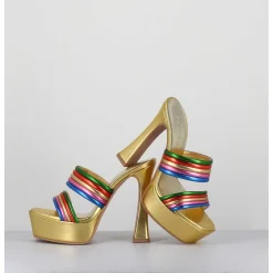 Sandales A Talon Haut & Plateforme En Cuir Metallise Dore - Dora Laminato Rainbow