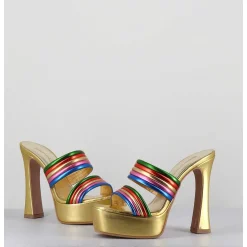 Sandales A Talon Haut & Plateforme En Cuir Metallise Dore - Dora Laminato Rainbow