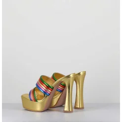 Sandales A Talon Haut & Plateforme En Cuir Metallise Dore - Dora Laminato Rainbow