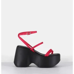 Sandales Compensees Cuir Noir & Satin Fuchsia - 1C6756D Travel Red