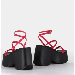 Sandales Compensees Cuir Noir & Satin Fuchsia - 1C6756D Travel Red