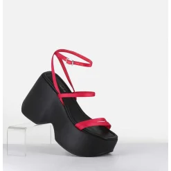 Sandales Compensees Cuir Noir & Satin Fuchsia - 1C6756D Travel Red