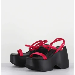 Sandales Compensees Cuir Noir & Satin Fuchsia - 1C6756D Travel Red