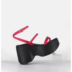 Sandales Compensees Cuir Noir & Satin Fuchsia - 1C6756D Travel Red