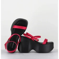 Sandales Compensees Cuir Noir & Satin Fuchsia - 1C6756D Travel Red
