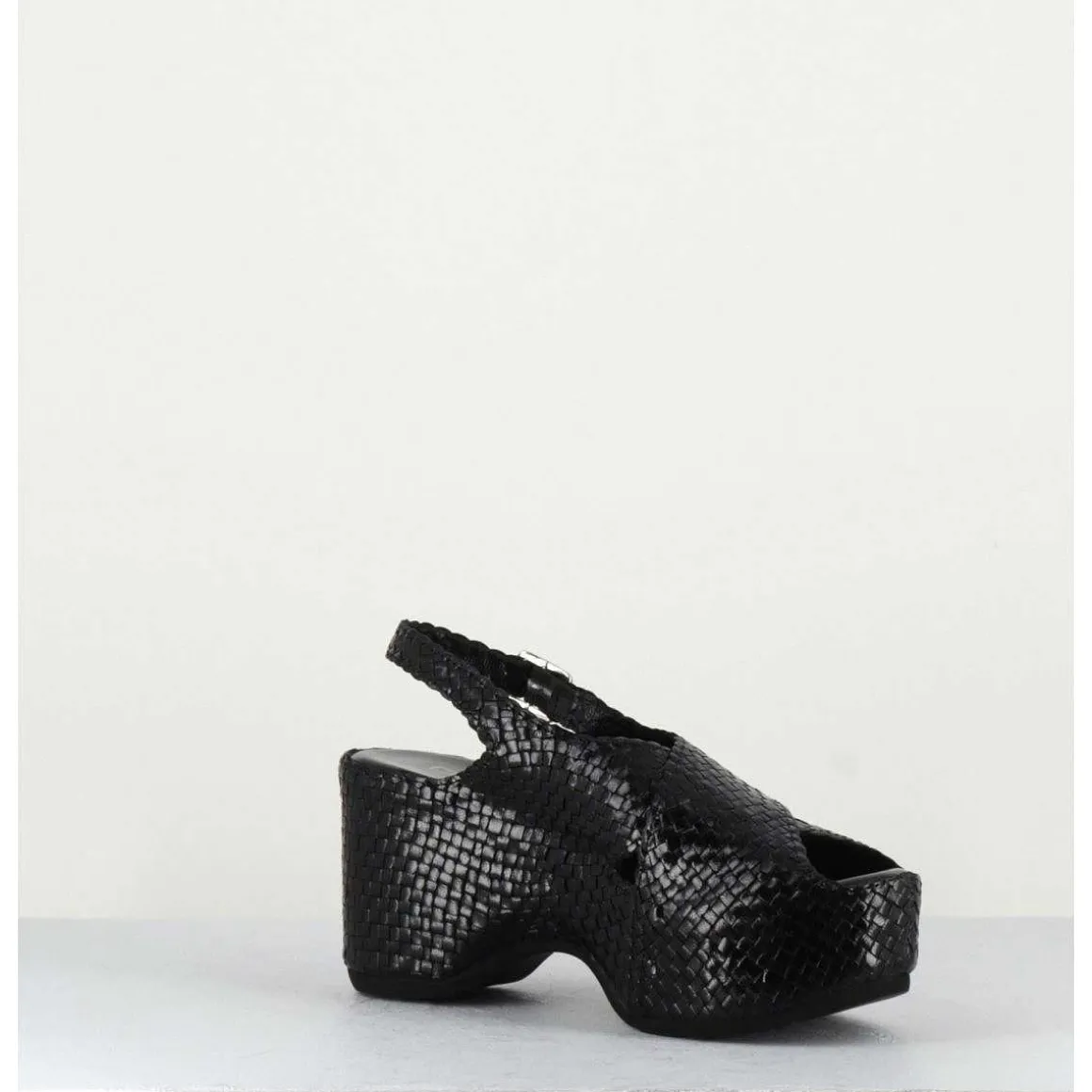 Sandales Compensees En Cuir Tresse Noir - Como23 Black