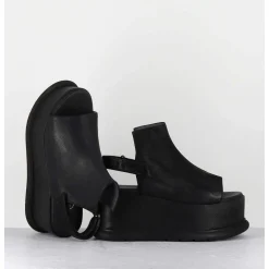 Sandales Compensees En Cuir Noir Esprit Japonais - 2420 Gas Nero