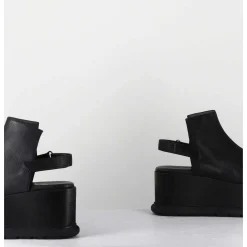 Sandales Compensees En Cuir Noir Esprit Japonais - 2420 Gas Nero