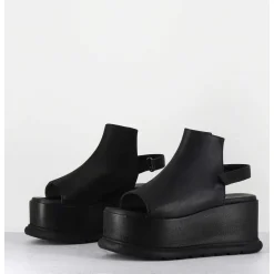Sandales Compensees En Cuir Noir Esprit Japonais - 2420 Gas Nero