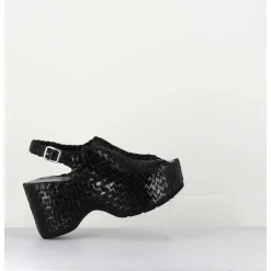 Sandales Compensees En Cuir Noir Tresse - Posi23 Black