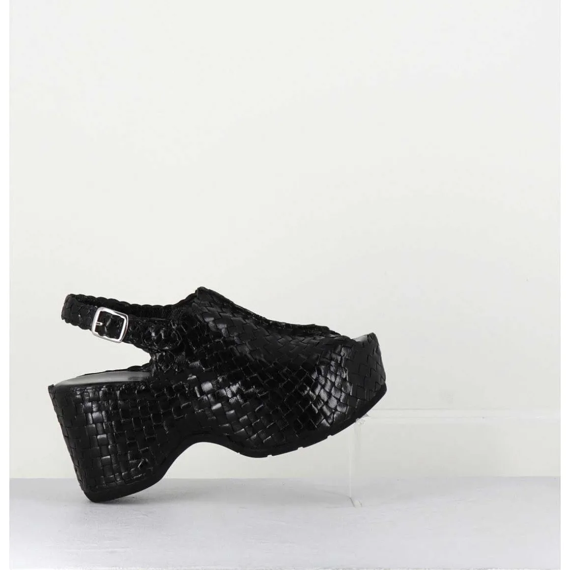 Sandales Compensees En Cuir Noir Tresse - Posi23 Black