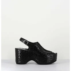 Sandales Compensees En Cuir Noir Tresse - Posi23 Black