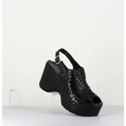 Sandales Compensees En Cuir Noir Tresse - Posi23 Black