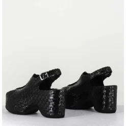 Sandales Compensees En Cuir Noir Tresse - Posi23 Black
