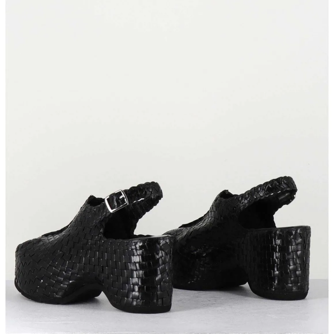 Sandales Compensees En Cuir Noir Tresse - Posi23 Black