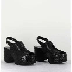 Sandales Compensees En Cuir Noir Tresse - Posi23 Black