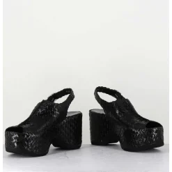 Sandales Compensees En Cuir Noir Tresse - Posi23 Black