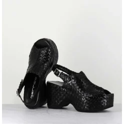 Sandales Compensees En Cuir Noir Tresse - Posi23 Black