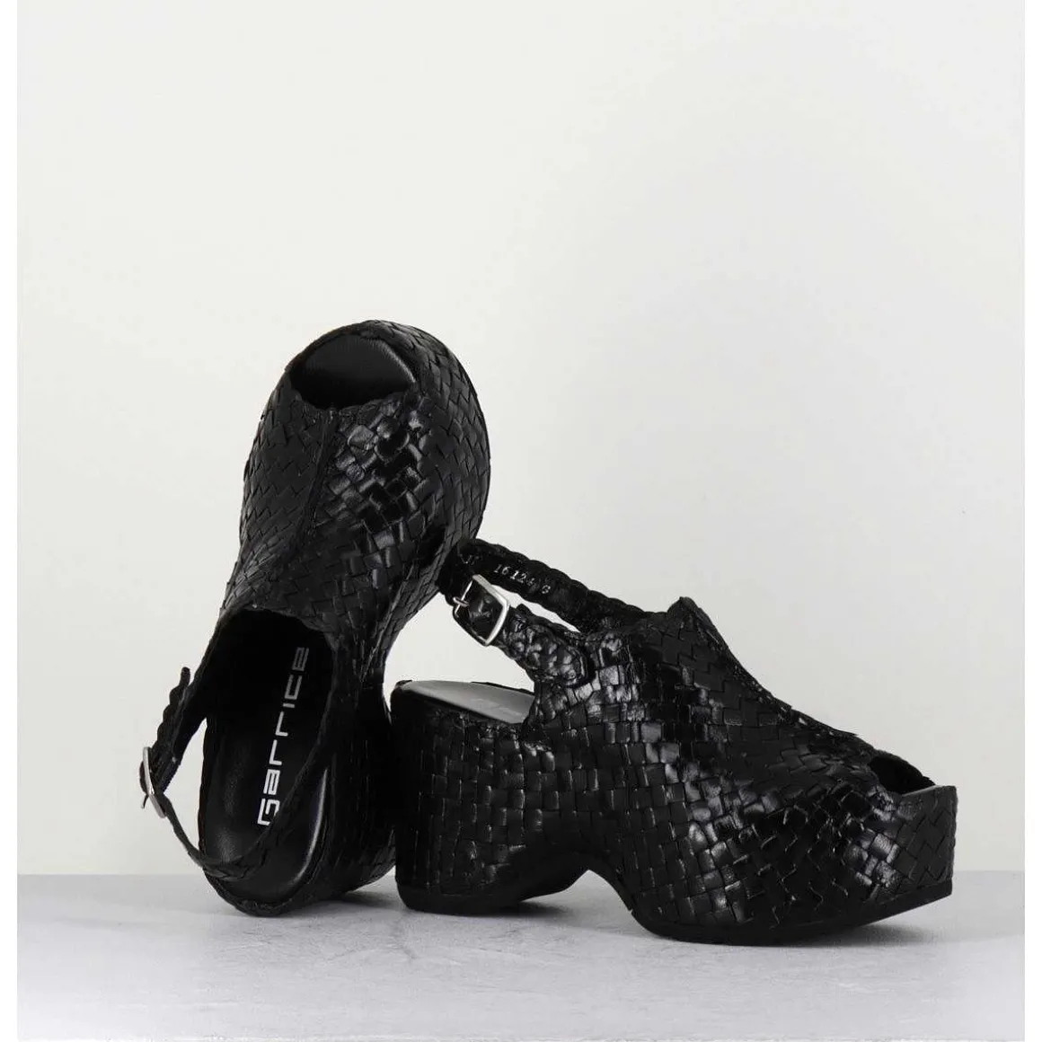 Sandales Compensees En Cuir Noir Tresse - Posi23 Black