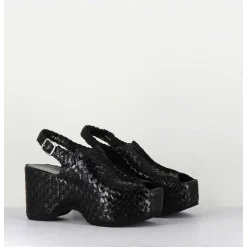 Sandales Compensees En Cuir Noir Tresse - Posi23 Black
